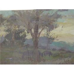 SAJO, GYULA, 'Sunset with Cows' oil tempera, signed and dated 1961 lower left, gallery and presen...