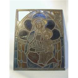 A LEADED STAINED GLASS WINDOW, 19th century, Virgin and Child under an arch, signed 'L.E.Sutherla...