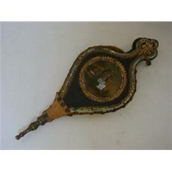 A SET OF PAPIER MACHE BELLOWS, mid 19th Century, Mother of pearl and gilt border, circular painte...