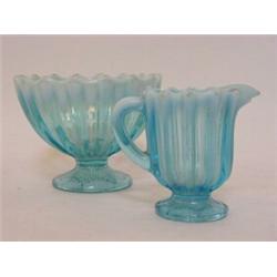 A TURQUOISE VASELINE GLASS JUG, and footed bowl, c.1880, height 9cm (2)  30-50...