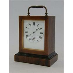 A SMALL WALNUT TIMEPIECE, 19th Century, loop handle, enamel Roman dial and subsidiary dial, (s.d....