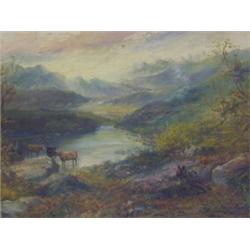 WALLACE, JAMES,  Scottish Highland view, cattle watering and figure foreground, oils on canvas, s...