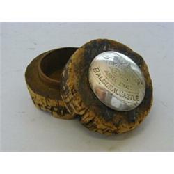 A CORK ADVERTISING SNUFF BOX, late 19th century, engraved E.D top, 'Take a Pinch and ask for Balm...