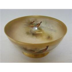 A ROYAL WORCESTER JAMES STINTON FRUIT BOWL, 1914, pheasant and grouse subject, signed, diameter 2...
