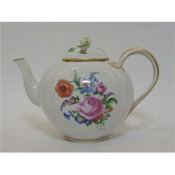 A MEISSEN GLOBULAR TEAPOT, late 19th Century, Deutsche Blumen pattern, gilt detailing, crossed sw...
