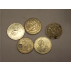 COINS - 5 TTL - INCLUDE 2 CAN $1, 1 USA $1 (HOLE IN IT) AND OTHER