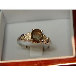 RING - OVAL FACETTED BROWN TOPAZ COCKTAIL RING - HEARTS ACCENTS WITH 4 DIAMONDS -  IN STERLING SILVE