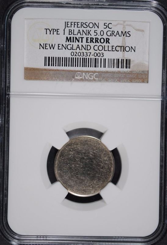 JEFFERSON NICKEL TYPE-1 BLANK PLANCHET 5.0 GRAMS MINT ERROR, NGC VERIFIED
