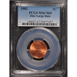 1982 LINCOLN CENT LARGE DATE ( ZINC ) PCGS MS-67 RED