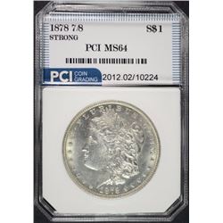 1878 7/8 MORGAN SILVER DOLLAR, PCI GEM BU WHITE, SCARCE