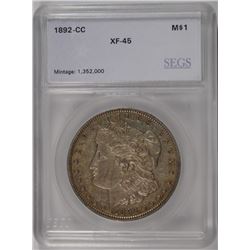 1892-CC MORGAN SILVER DOLLAR, SEGS XF/AU