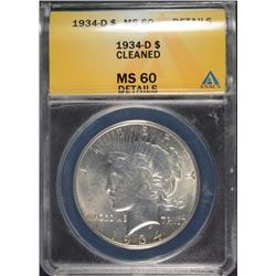 1934-D PEACE SILVER DOLLAR, ANACS MS-60 DETAILS WHITE