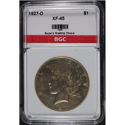 1927-D PEACE SILVER DOLLAR, BGC EF/AU