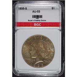 1935-S PEACE SILVER DOLLAR, BGC AU