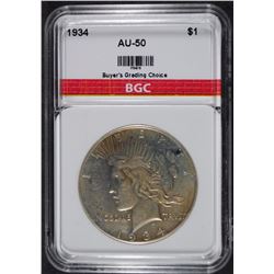 1934 PEACE SILVER DOLLAR, BGC AU
