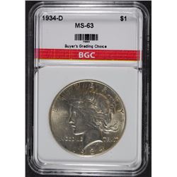 1934-D PEACE SILVER DOLLAR, BGC CH BU