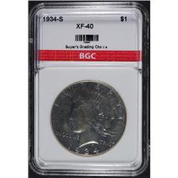 1934-S PEACE SILVER DOLLAR, BGC EF