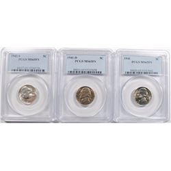 Lot of 3 Jefferson. Nickels PCGS MS-65 FS 1941,41-D, 42-S