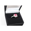 Image 2 : RED RUBY HEART SOLITAIRE RING SET WITH 2 SHOULDER DIAMONDS. STERLING SILVER AND PLATINUM OVERLAY,