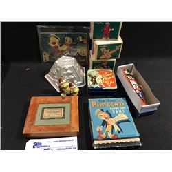 LOT OF DISNEY COLLECTABLES INC; POPEYE SPEED BOAT, JELLY MOLD, PINNOCHIO CARD GAME AND EARLY 1930'S