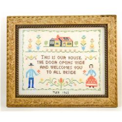 1965 CROSS STITCH SAMPLER IN GOLD GILT FRAME