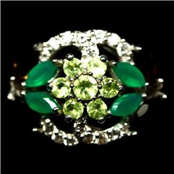 STERLING SIVER PERIDOT, AGATE, QUARTZ RING - SIZE 6.5