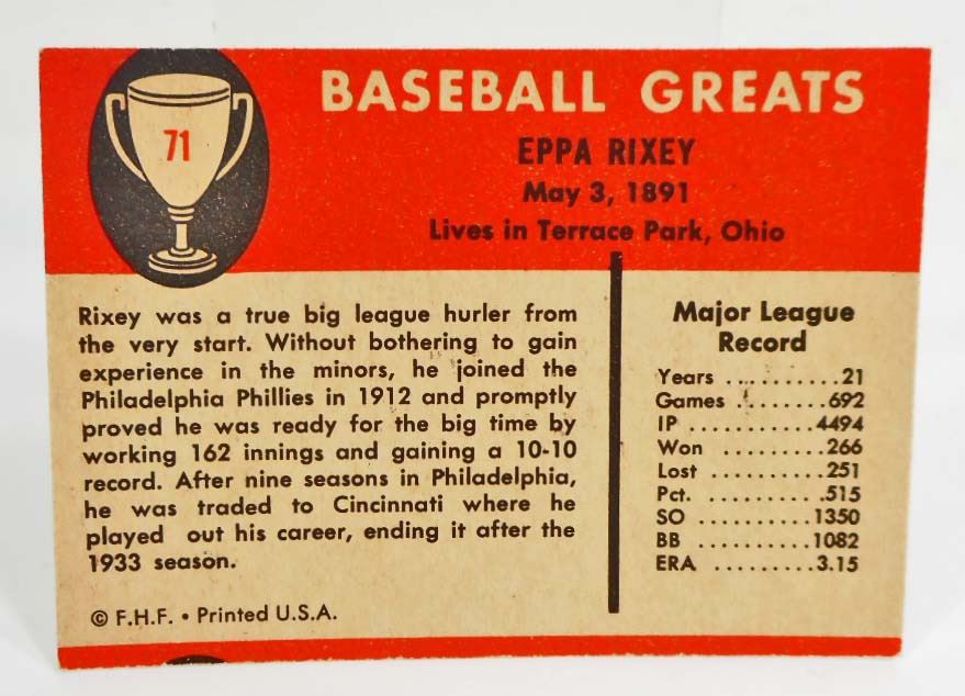 1961 FLEER EPPA RIXEY #71 BASEBALL CARD