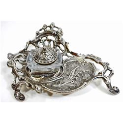 ORNATE METAL AND GLASS INK WELL