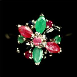 STERLING SILVER RUBY, EMERALD & SAPPHIRE LADIES RING - SIZE 8.75
