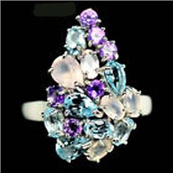 STERLING SILVER SKY BLUE TOPAZ, AMETHYST & QUARTZ LADIES RING - SIZE 8.75