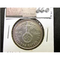 1936D Silver 5Marks Nazi Germany BU