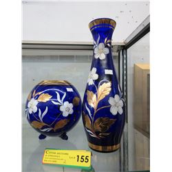 2 Vintage cobalt glass vases - hand painted