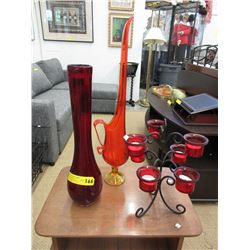 2 Glass vases & votive candle holder