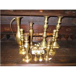 10 Brass candle holders, snuffer & vase
