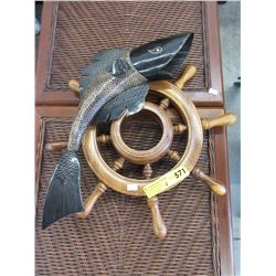Wood ship wheel decoration & fish