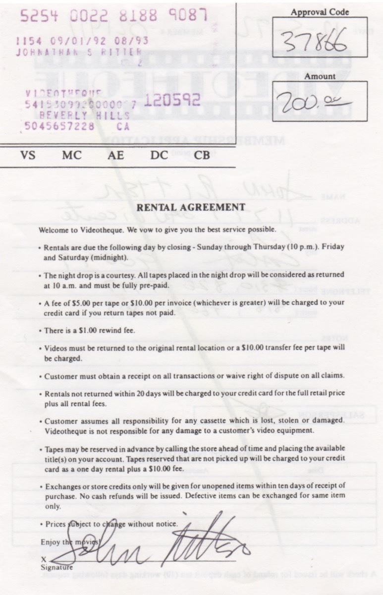John Ritter Signed Video Rental Agreement