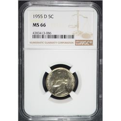 1955-D JEFFERSON NICKEL, NGC MS-66 NGC PRICE GUIDE=$190.00