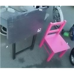 CHILD'S PINK CHAIR AND NEW FOLDING TV TABLE STILL IN WRAP - STR