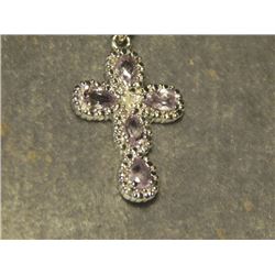 NECKLACE - STERLING SILVER AMETHYST & DIAMOND CROSS NECKLACE - 5 PEAR CUT AMETHYSTS. ESTIMATED VALUE