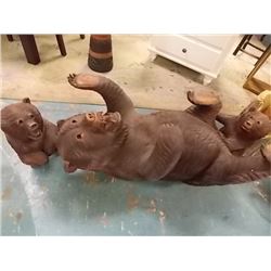 ****S.T.O.A.****UNIQUE  HAND CRAFTED WOOD CARVED BEAR - LAYING DOWN ITH 2 CUBS  - HAS GLASS TOP - MA
