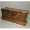 Image 1 : A 17th Century Spanish oak coffer with moulded planked top, wrought iron lock and carved gothic a...