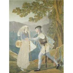 A 19th Century silkwork and printed panel, depicting Romeo and Juliet in giltwood frame. 12in. x...
