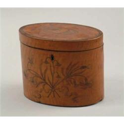 A George III satinwood and marquetry tea caddy, of oval form, inlaid with a shell and ribbon tied...