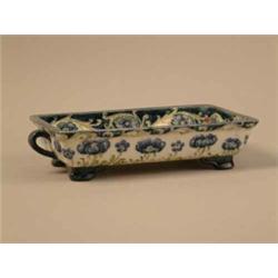 A Moorcroft Macintyre cornflower pattern rectangular dish with two loop handles on bracket feet,...