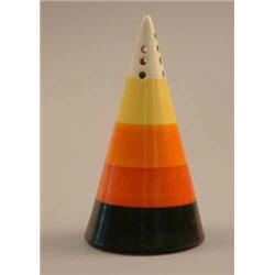 A Clarice Cliff conical sugar sifter, painted with horizontal bands in black, red, orange, yellow...