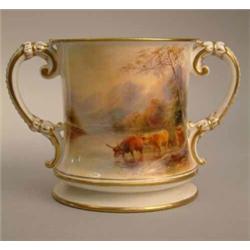 A Royal Worcester loving cup painted by James Stinton, with highland cattle watering, 1926. (rest...