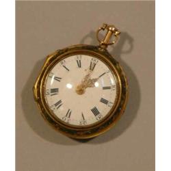 A mid 18th century repeating pair case pocket watch with worn gilt copper and shagreen outer case...