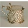 Image 1 : A Victorian silver drum mustard with floral diaper body and blue glass liner, Maker Martin Hall &...
