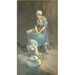 John Hassall (1868-1948) ink and watercolour, French washerwoman, Inscribed "Trepied 1900", 21 x...
