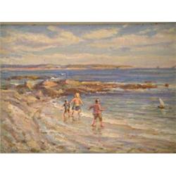 Hector Chalmers (1849-1943) oil on canvas, Figures boating on a beach, signed, 12 x 18 ins....